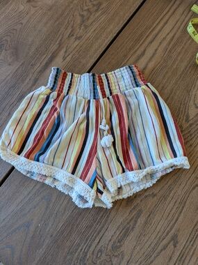 No Boundaries Women's Rainbow Striped Elastic Waist Shorts W Lace Trim Size S
